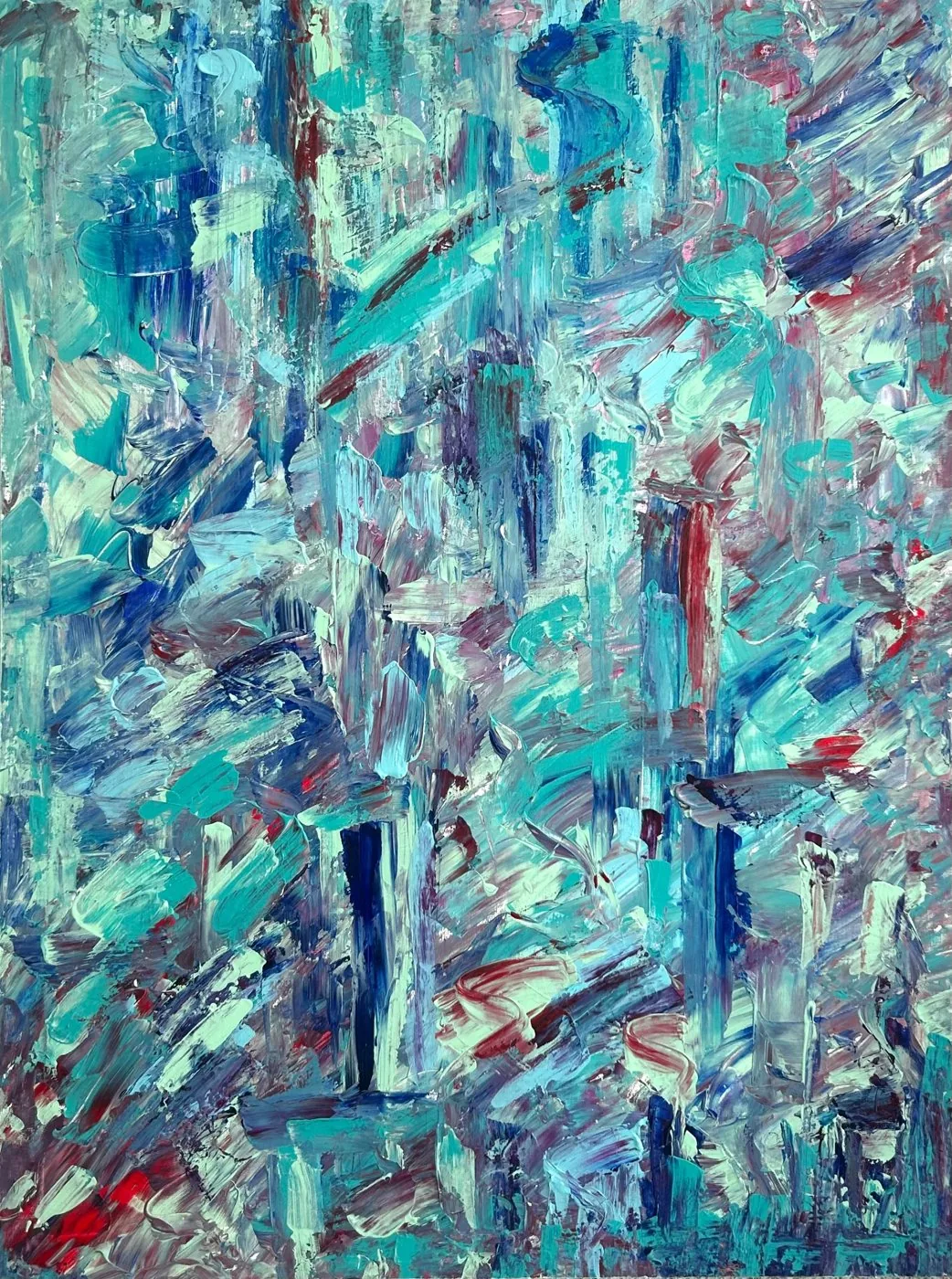 Aquamarine, a turquoise, ultramarine and crimson impasto abstract painting