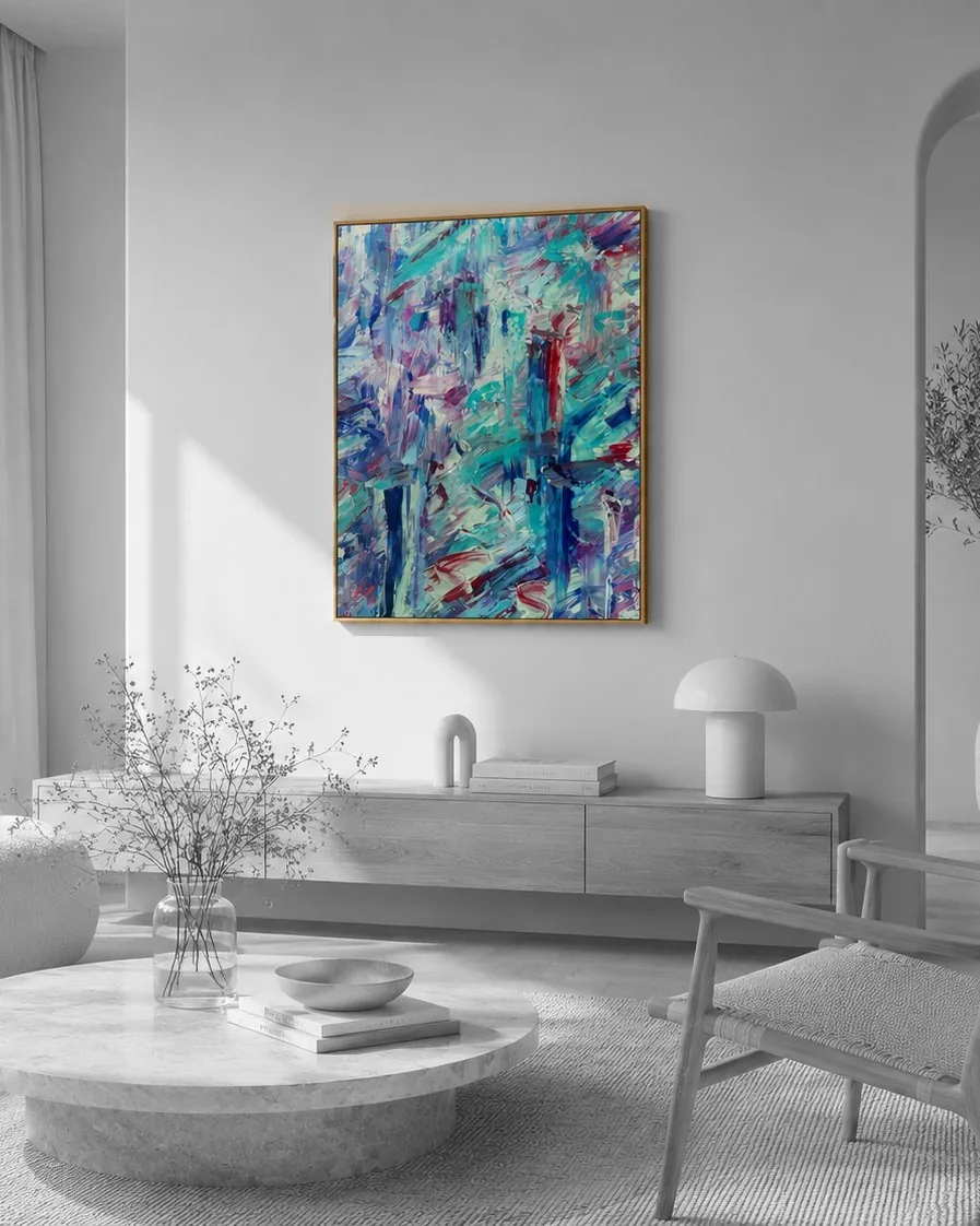 Aquamarine in an oak frame above a light wooden console in a sunlit living room