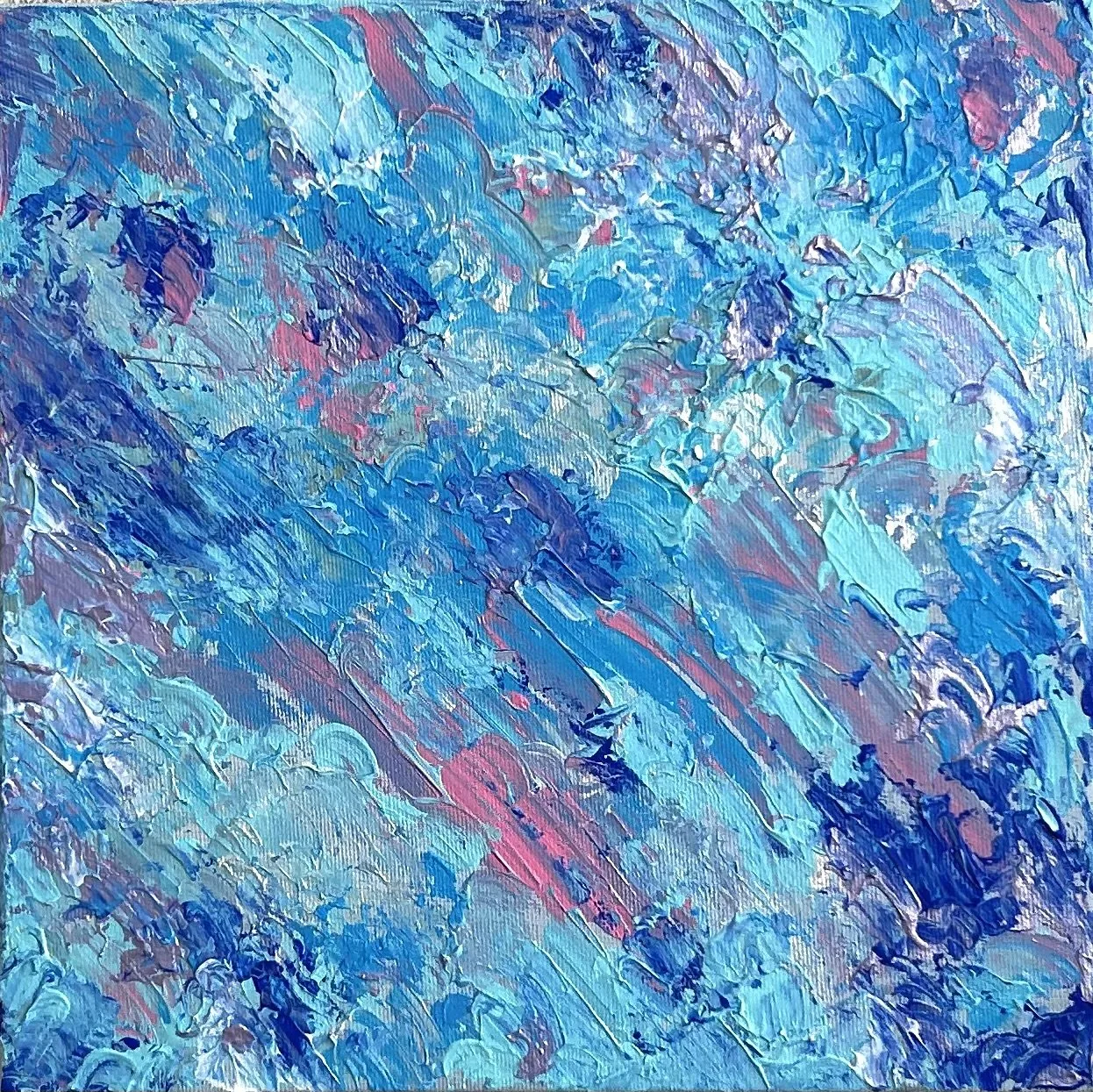 Azure Flow N1, a small square turquoise, ultramarine and pink impasto painting with diagonal strokes