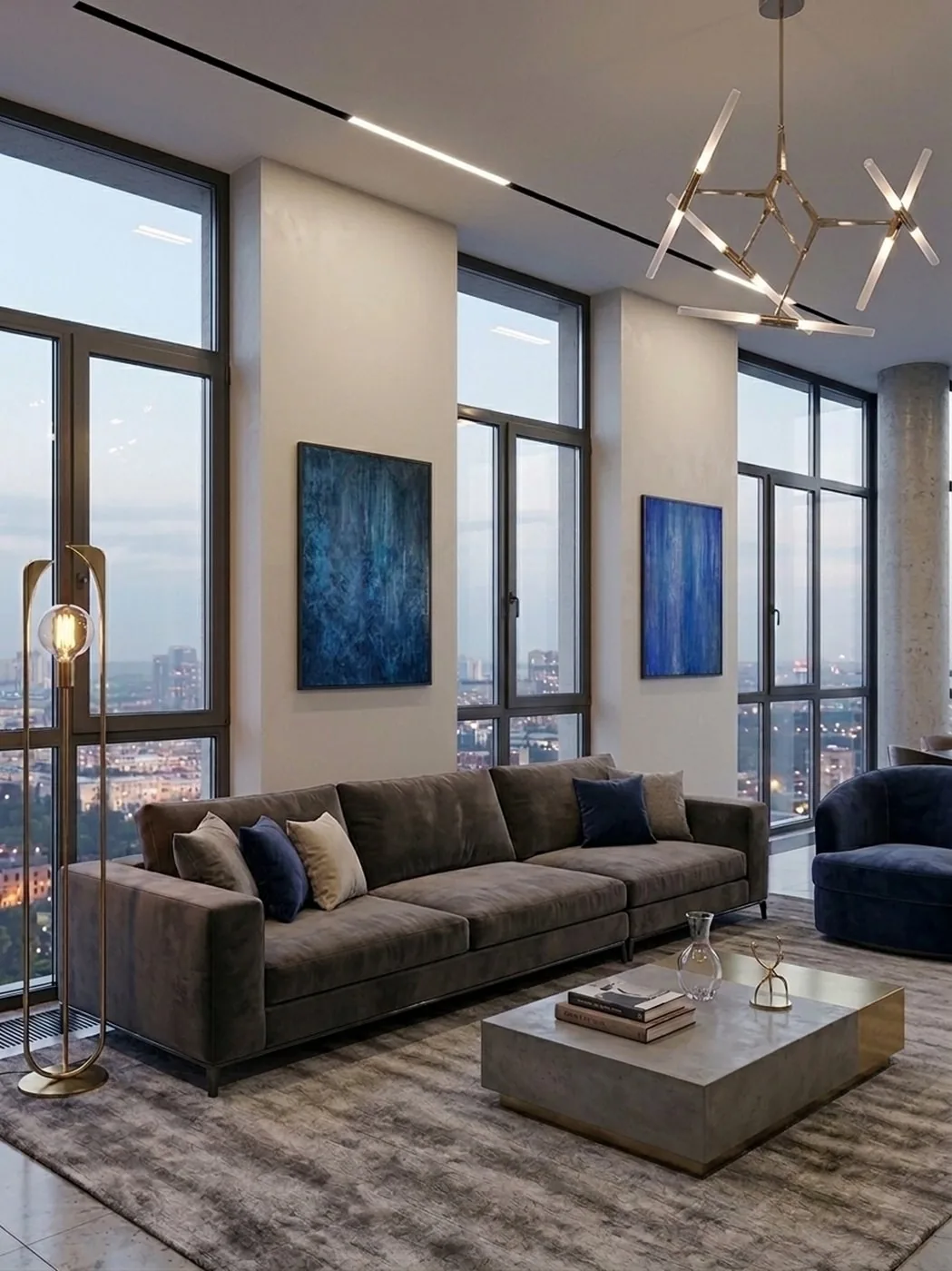 Blue Nocturne, a diptych of two blue paintings, in a city-view living room