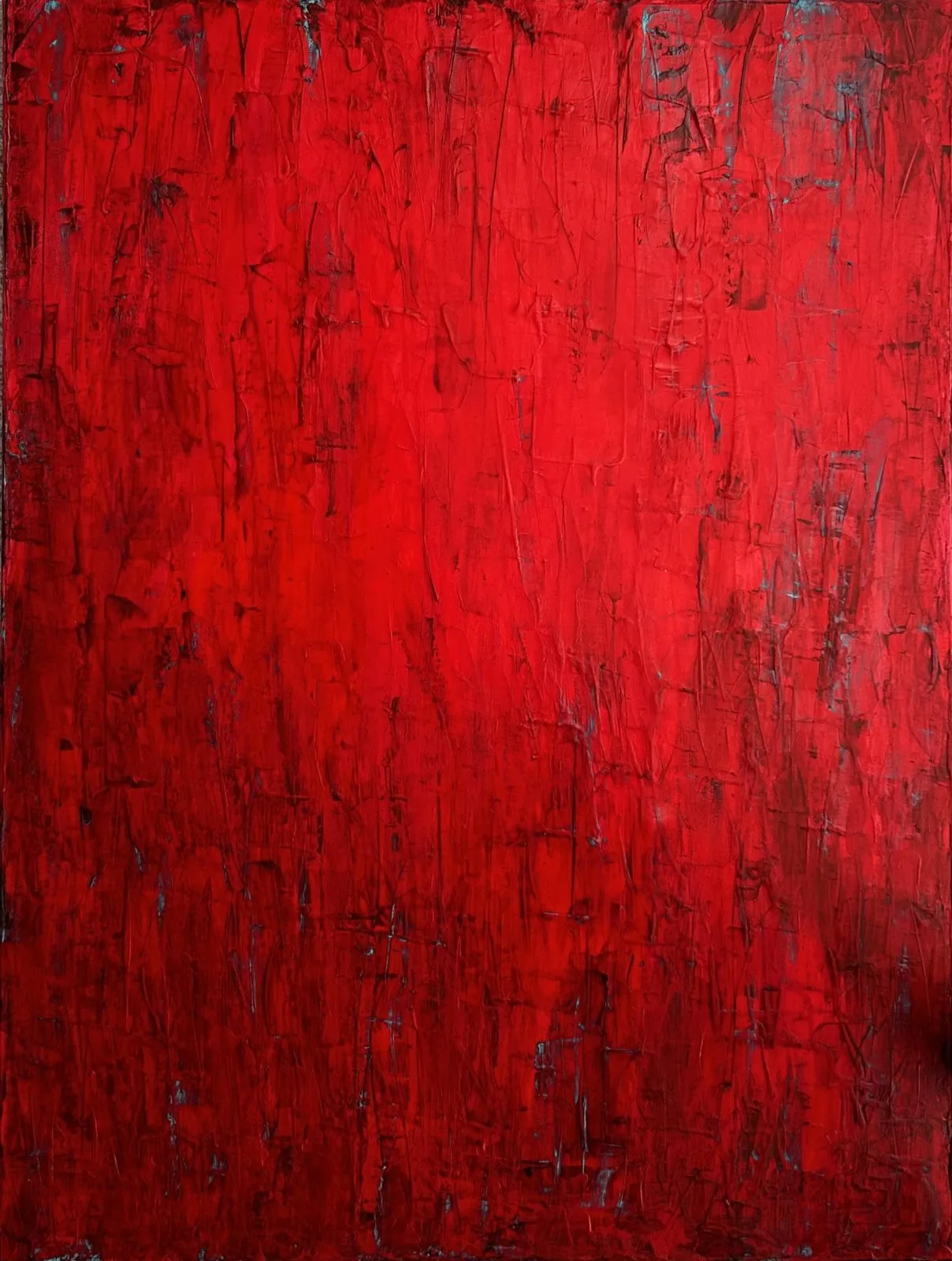 Crimson Dawn, an intense red textured painting with dark underlayers and turquoise fragments