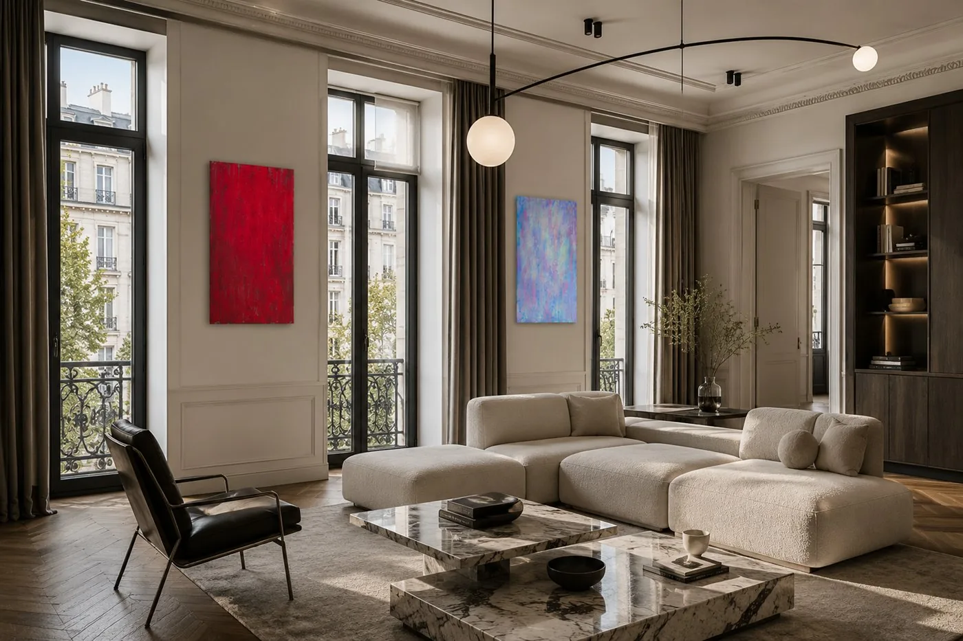 Crimson Dawn and Weightless, a diptych of red and pastel paintings, in a Parisian living room