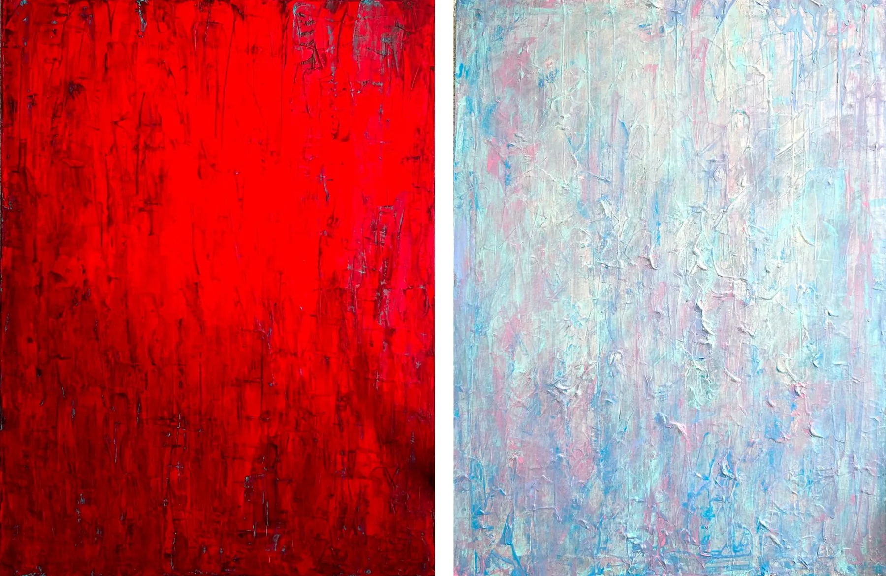 Crimson Dawn and Weightless side by side: a deep crimson canvas and a pale blue and pink canvas
