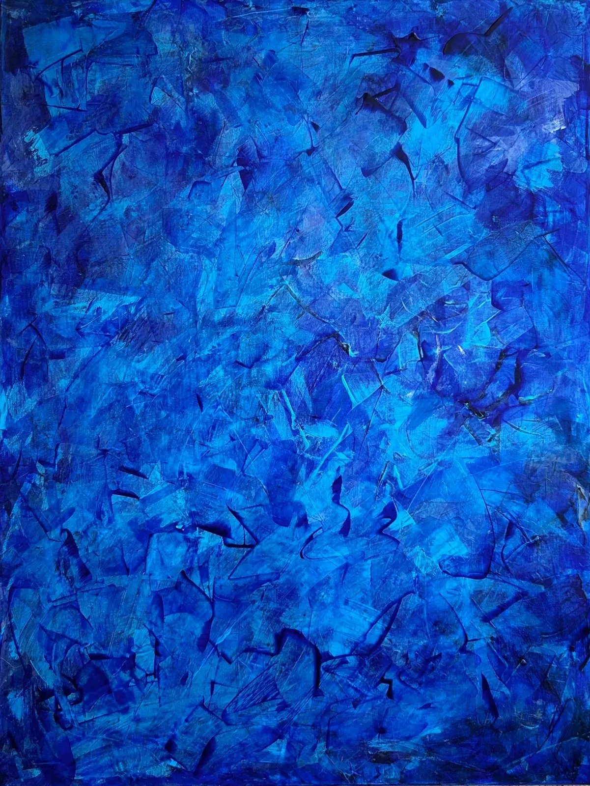 Depths of Rhodes, a deep ultramarine and cerulean textured abstract painting