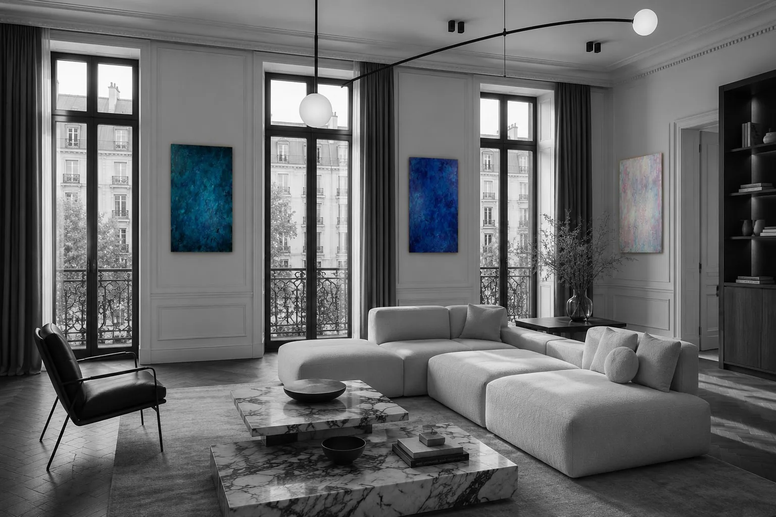 Depths of Rhodes and Blue Silence, deep blue paintings, with a pastel painting in a Parisian living room