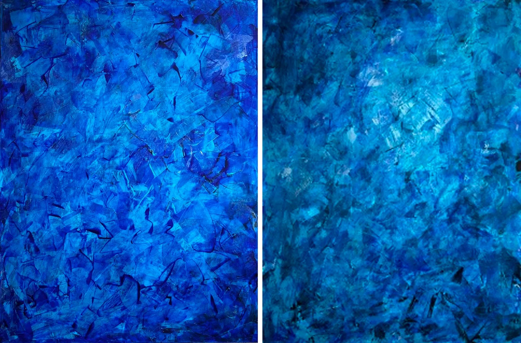 Depths of Rhodes and Blue Silence side by side: a cobalt canvas and a turquoise-blue canvas