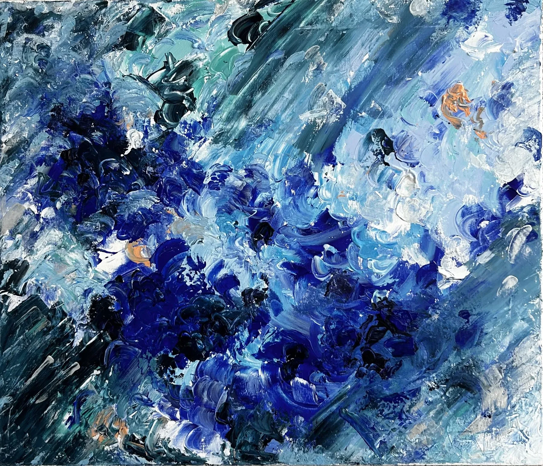 Foam-born Aphrodite, a swirling ultramarine, white and teal impasto painting
