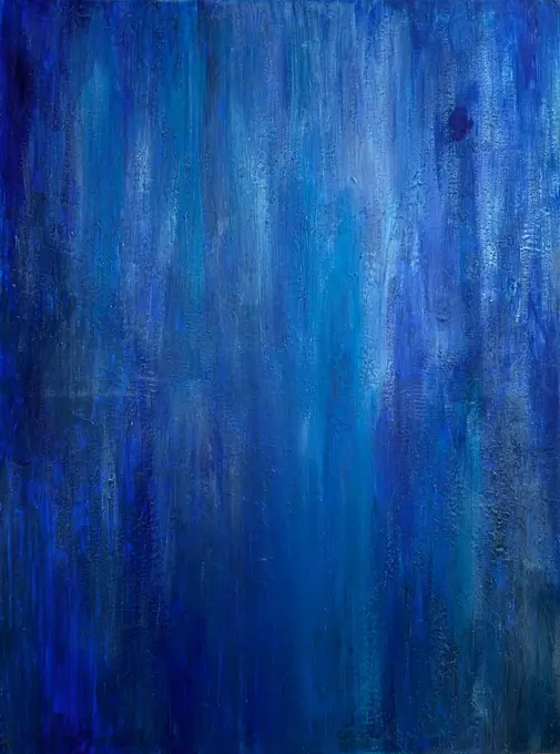 Abyssal Blue, a deep indigo, cobalt and sky-blue painting with vertical textured strokes