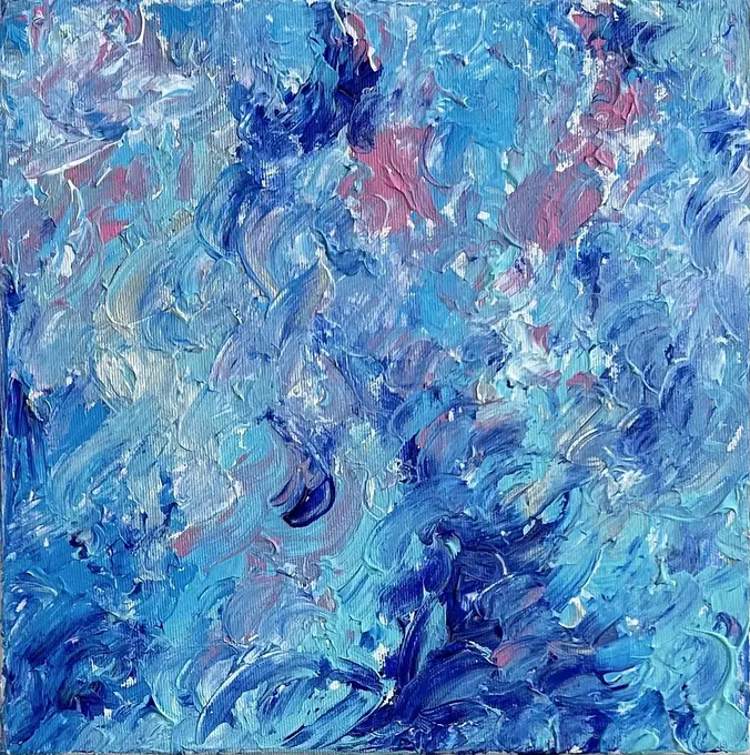 Azure Flow N2, a small square blue, turquoise and pink impasto painting