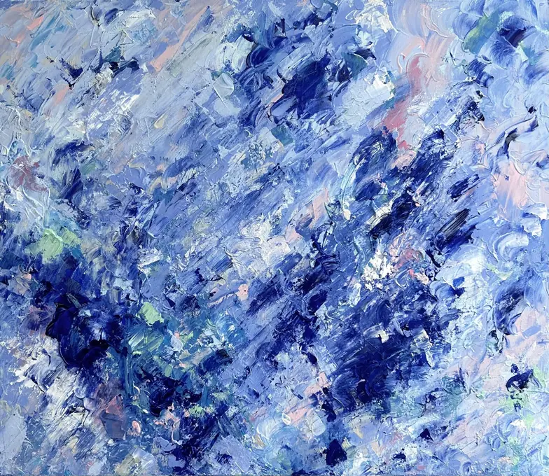 Blue Static, a cobalt, lavender, pale blue and pink impasto abstract painting
