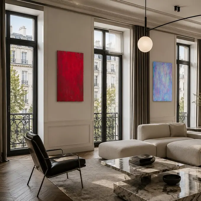 Crimson Dawn and Weightless diptych in a Parisian living room