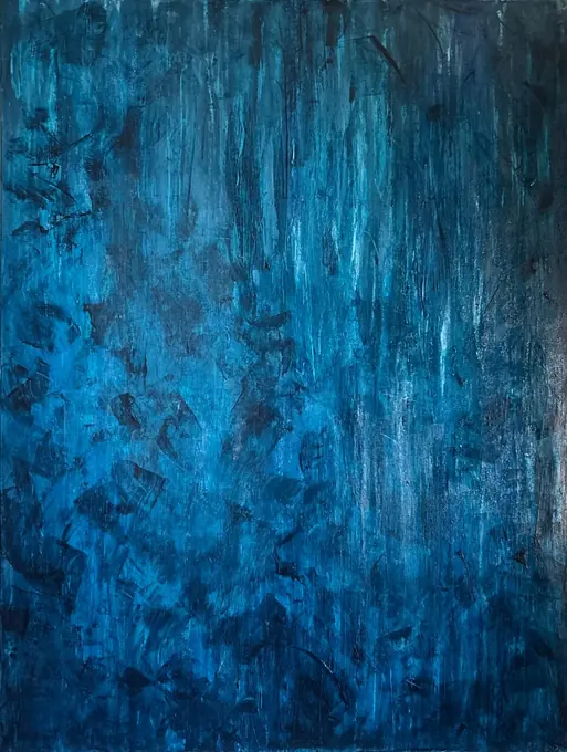 Midnight Rain, a dark teal and ink-blue painting with vertical scraped streaks