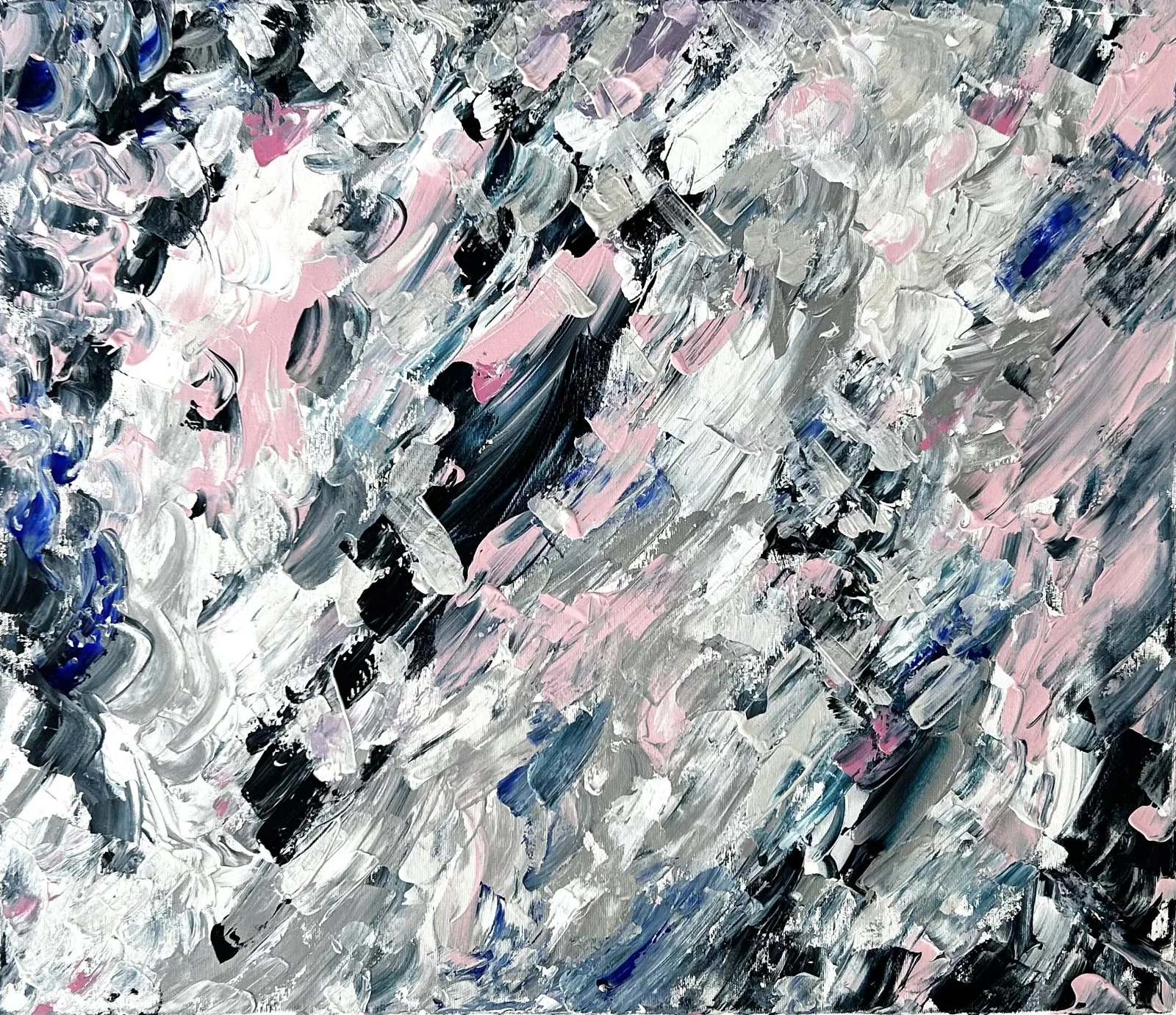 Icy Dawn, a grey, white, pink and black impasto abstract painting
