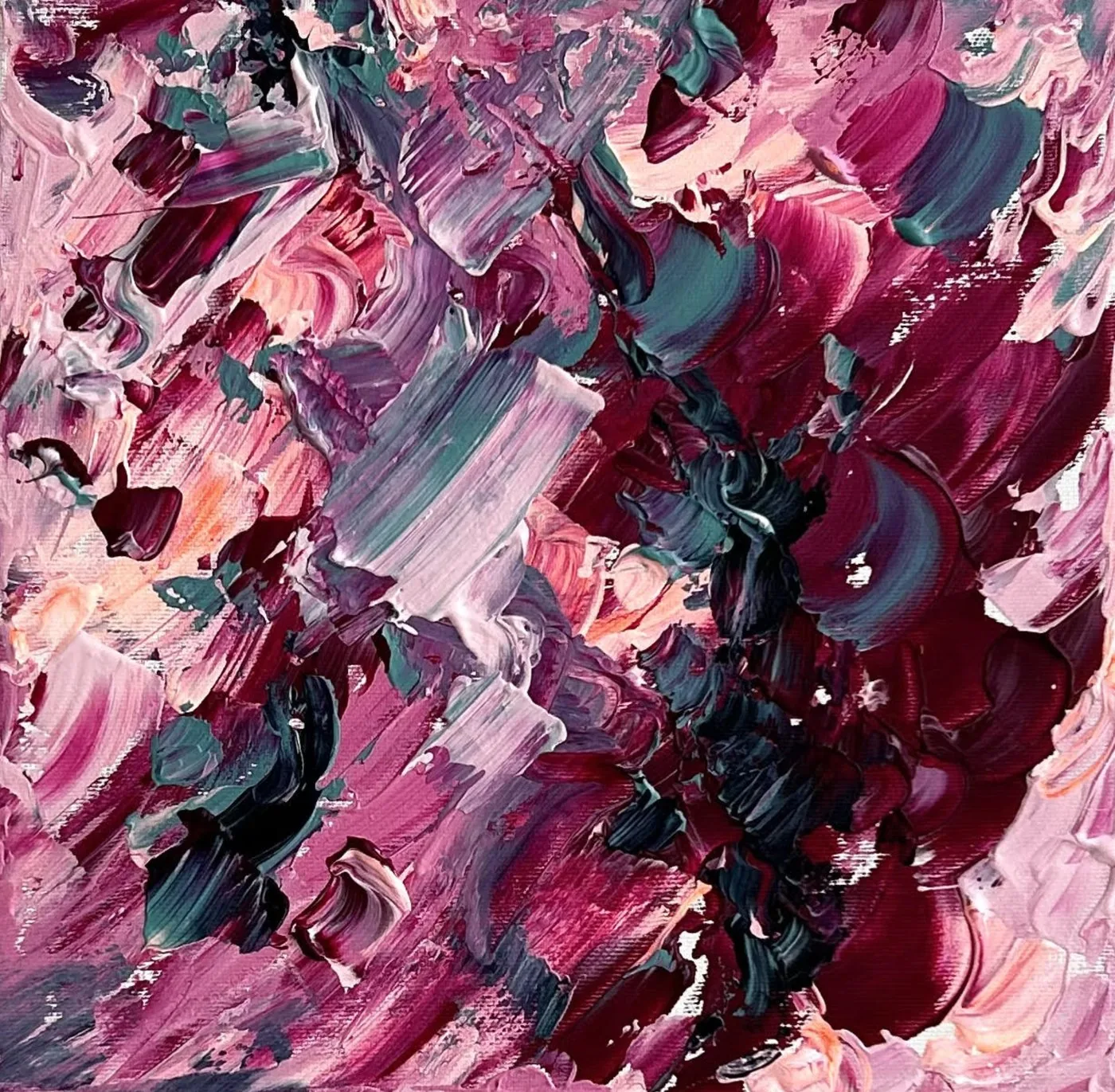 Pink Abstract, a small magenta, burgundy, pink and teal impasto painting
