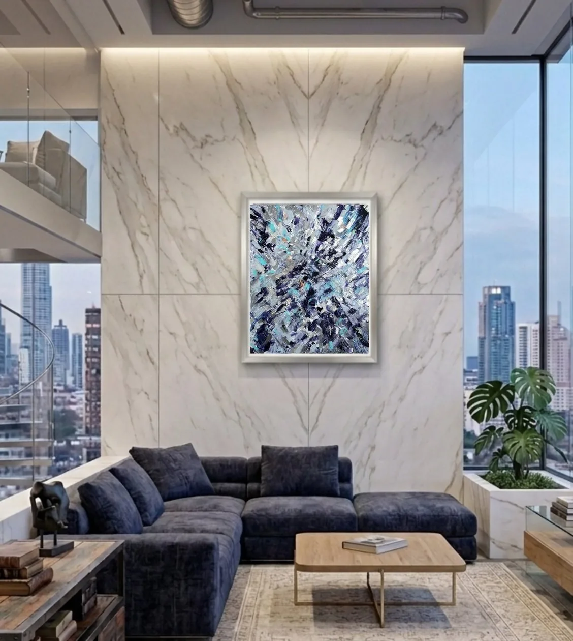 Violet Reverie in a silver frame on a white marble wall above a navy sofa